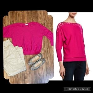 Milly women’s Large top sweater hot pink diamond cutout dolman knit 3/4 sleeve